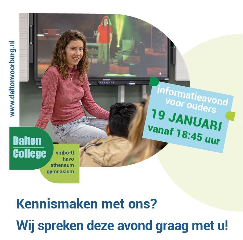 Op zoek naar een middelbare school? Meld u vandaag nog aan voor de informatieavond. Deze avond zijn er diverse presentaties bij te wonen en is er voldoende ruimte voor vragen of een goed gesprek.

We kijken uit naar uw komst!
 
Aanmelden: 
https://daltoncollege.schoolgesprek.nl/ (en presentaties kiezen)
 
Virtuele tour: 
https://daltonvoorburg.nl/virtueletour/

 
#daltonvoorburg #daltoncollegevoorburg #daltononderwijs #informatieavond