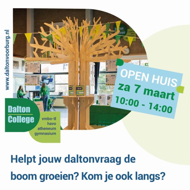 Het Dalton College Voorburg heeft op zaterdag 7 maart 2026 een Open Huis. Wil je ook graag kennismaken met het daltononderwijs en een indruk hebben van plannen met een daltonagenda? Of kijken welke masterclasses  er worden aangeboden? Of misschien een rondleiding krijgen van leerlingen door het gebouw?
 
Kom dan langs en laat je verrassen en inspireren op z’n daltons!
 
En bekijk alvast de virtuele tour op www.daltonvoorburg.nl.
.
.
#opendag #Dalton #daltonderwijs #groep8
 #daltoncollege