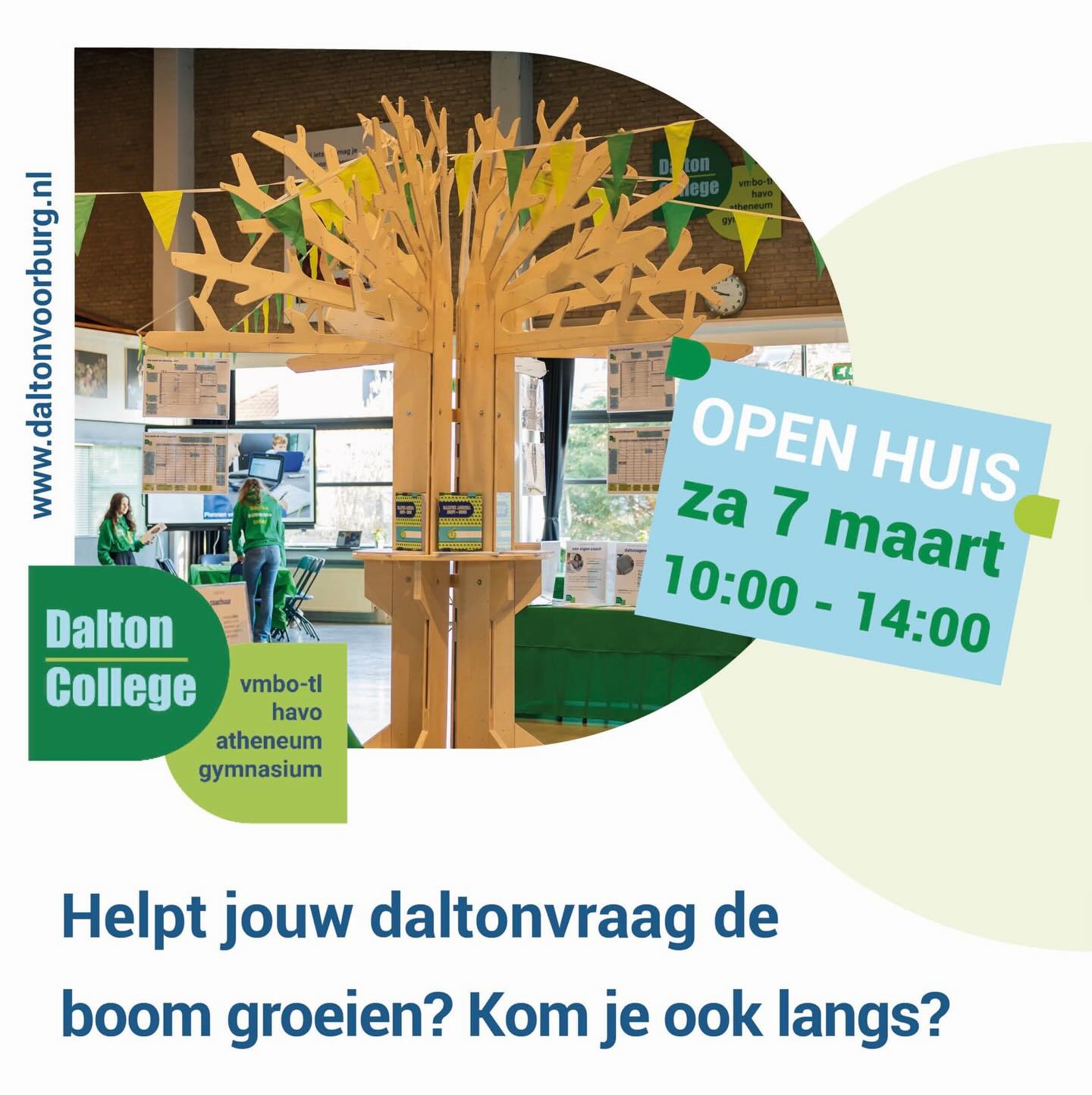 Het Dalton College Voorburg heeft op zaterdag 7 maart 2026 een Open Huis. Wil je ook graag kennismaken met het daltononderwijs en een indruk hebben van plannen met een daltonagenda? Of kijken welke masterclasses  er worden aangeboden? Of misschien een rondleiding krijgen van leerlingen door het gebouw?
 
Kom dan langs en laat je verrassen en inspireren op z’n daltons!
 
En bekijk alvast de virtuele tour op www.daltonvoorburg.nl.
.
.
#opendag #Dalton #daltonderwijs #groep8
 #daltoncollege